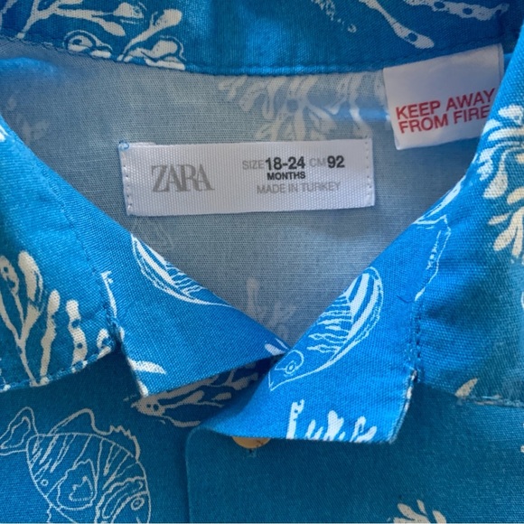 ZARA Baby Boy Blue White Button Up Shirt Beach Ocean Fish Coral Sz 18-24 Months - Picture 3 of 4